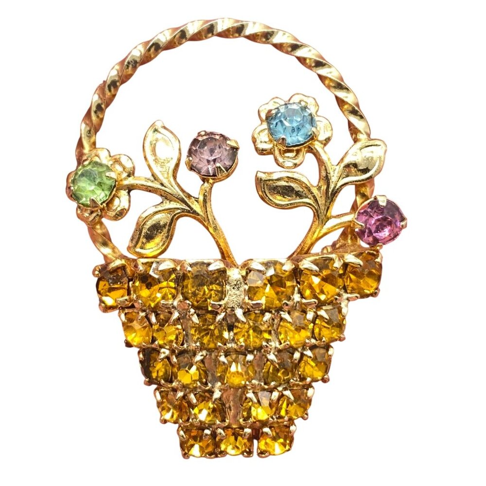 Vtg Gold Tone Rhinestone Floral Basket Brooch Pin Multicolor 1 Piece UV Reactive